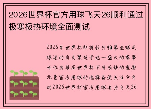 2026世界杯官方用球飞天26顺利通过极寒极热环境全面测试 2026世界杯官方用球飞天26顺利通过极寒极热环境全面测试