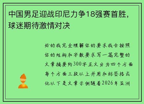 中国男足迎战印尼力争18强赛首胜，球迷期待激情对决