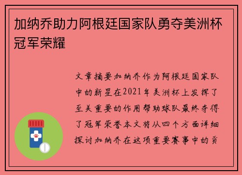 加纳乔助力阿根廷国家队勇夺美洲杯冠军荣耀 加纳乔助力阿根廷国家队勇夺美洲杯冠军荣耀