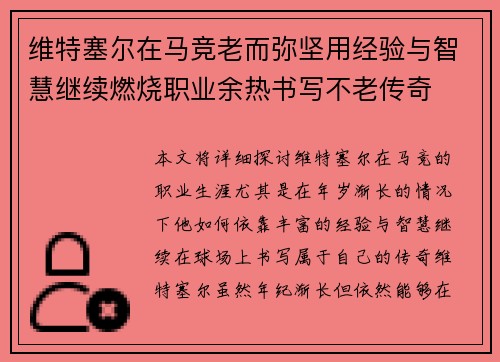 维特塞尔在马竞老而弥坚用经验与智慧继续燃烧职业余热书写不老传奇 维特塞尔在马竞老而弥坚用经验与智慧继续燃烧职业余热书写不老传奇